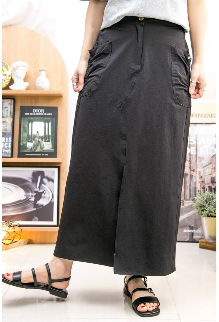 2315-1080"這是size S" -個性- 後腰橡根 ‧ 袋位束繩 ‧ 前幅下擺開叉 ‧ 風褸料半截裙 (韓國) 0